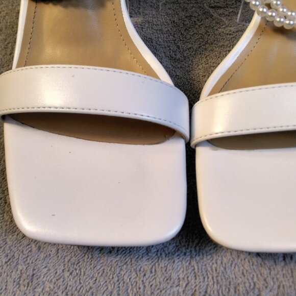 Adorose White Satin Heels Block with Pearl Ankle Straps Size 10 with Bow Bridal - Picture 4 of 14